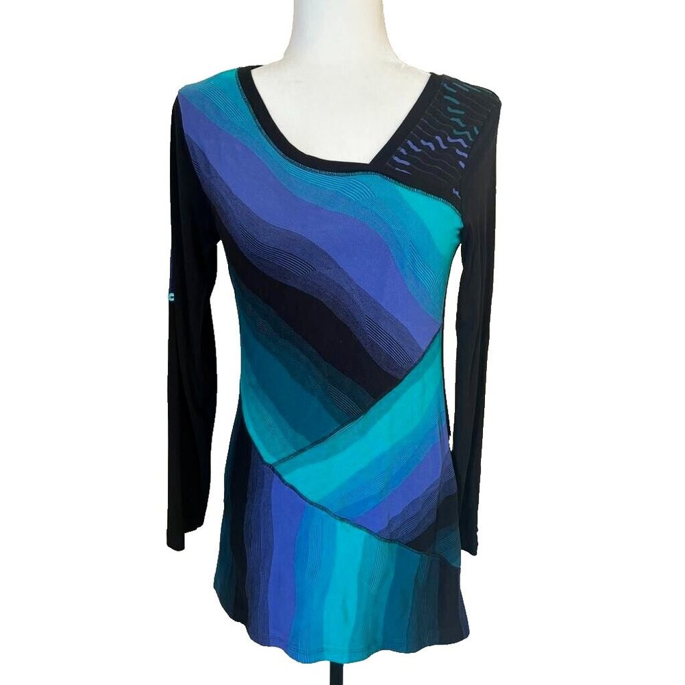 DOLCEZZA Art to Wear Long Sleeve Tunic Asymmetrical Neckline Turquoise Size 6?